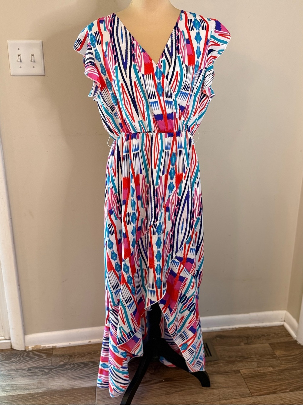 Grecerelle abstract striped colorful high low maxi dress boho chic sexy SZ LG